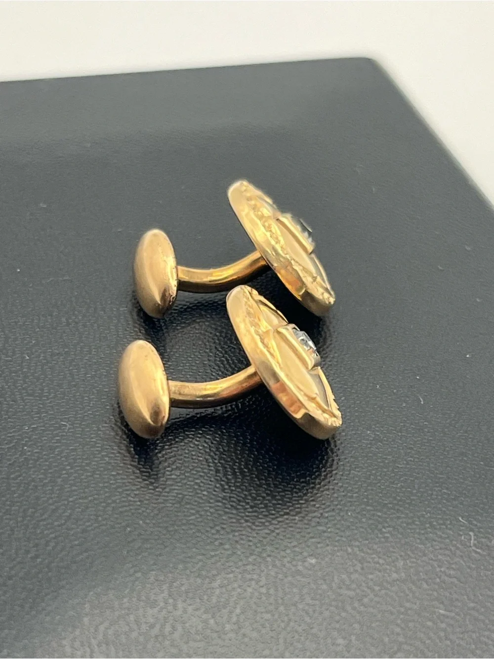 Victorian gold tone embossed design clear rhinestone vintage cufflinks